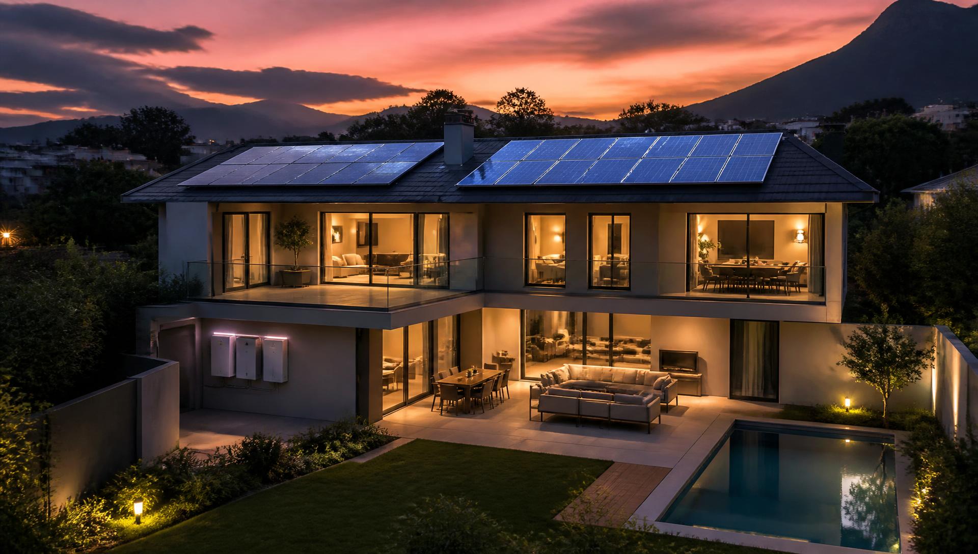 Modern South African home with rooftop solar panels and lithium battery storage at dusk
