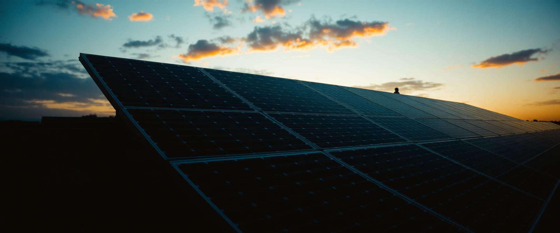Large solar installation at golden hour